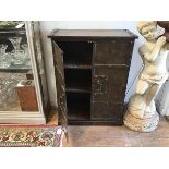 A metal side cabinet, with wooden plank top over two doors, the interior fitted two shelves, on