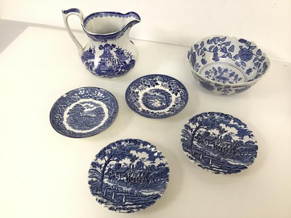 An assortment of blue and white transferware including a matching pair of Myott Royal Mail dishes