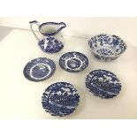 An assortment of blue and white transferware including a matching pair of Myott Royal Mail dishes