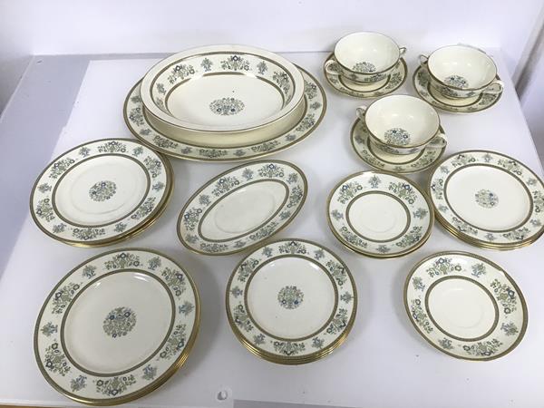 A collection of Minton Henley pattern china, including an ashet (34cm x 24cm), serving dish, three