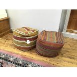 Two kelim flatwoven panelled upholstered floor stools, manufactured by TJX UK, Herts (37cm x 42cm
