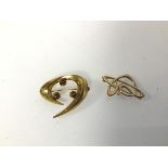 A 9ct gold brooch of knot design (3cm x 2cm) (3.17g) and a c.1970s gold plated brooch with three