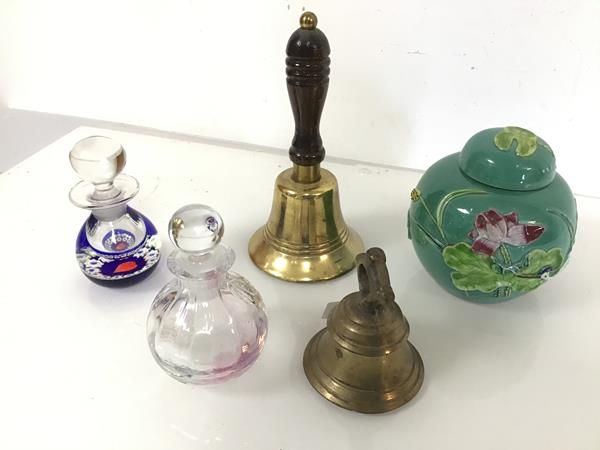 A mixed lot including a Caithness Glass perfume bottle of millefiore and heart design, engraved to