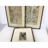 Robertson, Old Playhouse Close, etching, framed, unglazed (15cm x 11cm) and two other modern prints,