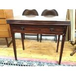 A mid 18thc mahogany tea and card table, the first fold for tea, supported by gateleg, the other a