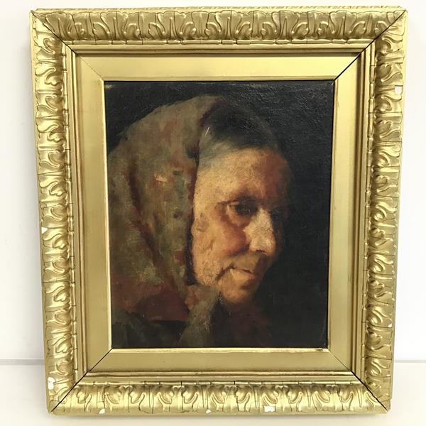 19thc. Scottish School, Portrait of a Woman with Hood, oil on board, Miller & Co. Gallery label