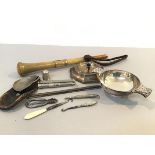 An Epns Celtic style quaich, a silver octagonal ashtray, a yellow metal mounted parasol handle, a