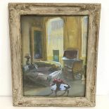 English School, Interior Scene, oil on board, Portrait of a Woman painted verso (40cm x 31cm)