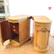 A pair of Victorian satinwood birch pedestals, the bow fronted tops with inset mahogany panel