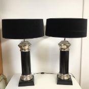 A pair of modern table lamps of bollard form, on square plinths, with circular shades (81cm x d.48cm