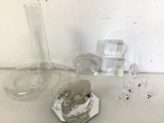 A mixed lot of glassware including mice and cat cut glass figures, two glass blocks with cat