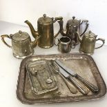 An assortment of Epns coffee pots (tallest: 19cm x 20cm x 8cm) (4), a sugar bowl, trays etc. (a