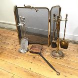 An Edwardian copper chestnut roaster with perforated lid (60cm x 22cm), a companion set with