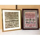An 1858 sampler, by Jane Fisher (24cm x 20cm) and another by G.F.F., 1936 (2)