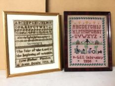 An 1858 sampler, by Jane Fisher (24cm x 20cm) and another by G.F.F., 1936 (2)