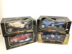 Bburago diecast model cars including a Mercedes, Jaguar, Bugatti and Alpine, all in original boxes