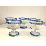 A set of five Edwardian blue bordered etched glass sundae dishes (h.9cm d.10cm)