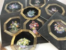 A set of eight handpainted black muslin panels with gilt threaded borders, with handpainted vases of