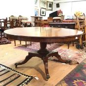 A handsome Scottish Regency mahogany snap top supper table, the circular top (a/f), with plain