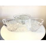 A pair of crystal navette shaped Gleneagles bowls, and a moulded glass tazza (slight chips) (