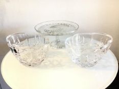 A pair of crystal navette shaped Gleneagles bowls, and a moulded glass tazza (slight chips) (