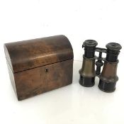 A 19thc tea caddy, with mahogany interior (15cm x 18cm x 12cm) and a pair of Edwardian field
