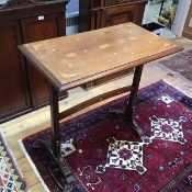 A mahogany Edwardian side table with boxwood and mother of pearl inlay, on inlaid trestle base (76cm