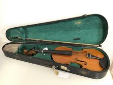 A violin with bow and wooden carry case (a/f) (violin: 60cm x 21cm)