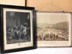 An 18thc print, Boors Drinking (38cm x 28cm), and a 19thc print, Queen's Birthday Review (2)