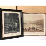 An 18thc print, Boors Drinking (38cm x 28cm), and a 19thc print, Queen's Birthday Review (2)