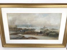 Seascape with Harbour, watercolour, titled and signed bottom right (26cm x 48cm)