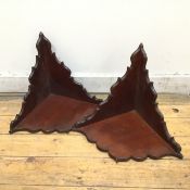 A pair of late Victorian mahogany corner hanging shelves with naturalistic carving to edges (32cm