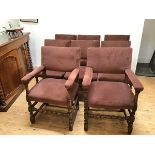 A set of eight 1920s oak dining chairs, including six side chairs and two carvers, all with