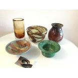 A cased glass bowl, signed verso (11cm x 14cm), an amber to clear glass cylinder vase, Jane Hanson