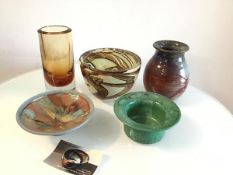 A cased glass bowl, signed verso (11cm x 14cm), an amber to clear glass cylinder vase, Jane Hanson