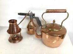 A group of vintage kitchen implements including a copper kettle (30cm x 31cm x 21cm), a copper