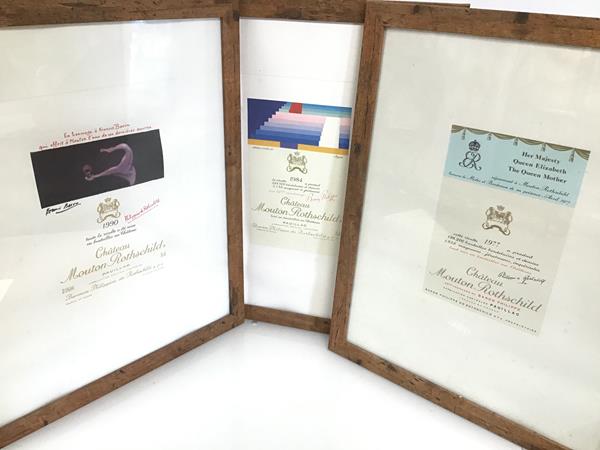 Three Chateau Mouton Rothschild wine labels, the 1990 label with a Francis Bacon print, the 1984