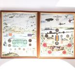 A pair of framed Commemorative WWI and WWII panels with inset coins, bank of England note, WWI