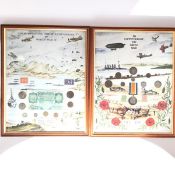 A pair of framed Commemorative WWI and WWII panels with inset coins, bank of England note, WWI