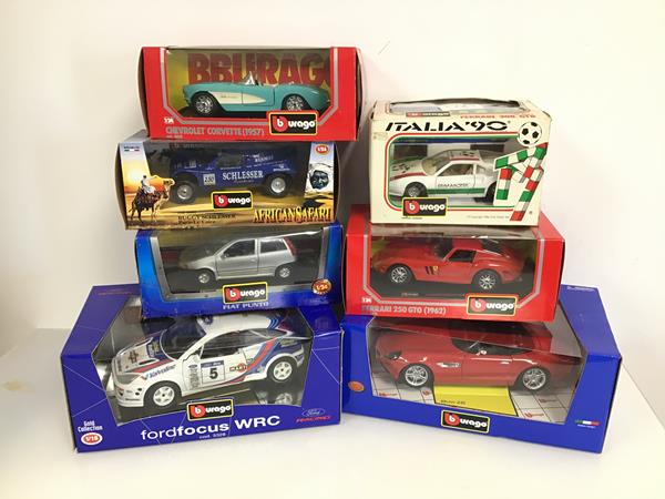 Bburago diecast model cars including a Ferrari, BMW, Ford Focus, Fiat, Buggy Schlesser, another