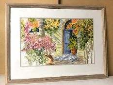 Johann Nota, Courtyard with Flowers and Trees, watercolour, signed in pencil bottom left (34cm x