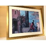 Mediterranean Village Scene with Figure on a Bicycle, print (72cm x 90cm)