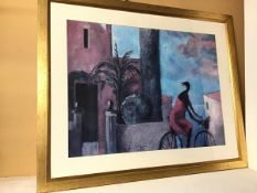 Mediterranean Village Scene with Figure on a Bicycle, print (72cm x 90cm)