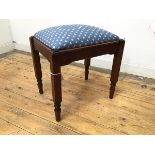 A stained pine stool with upholstered slip in top on square fluted supports (45cm x 45cm x 35cm)