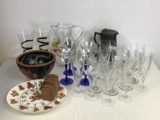 Assorted glassware including a Portugese jug and bowl, four cocktail glasses, a teddy bear tea plate