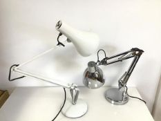 A white painted anglepoise lamp with circular base, stamped Anglepoise Lighting Ltd to side (90cm