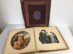 An Edwardian scrap book with an assortment of prints, some coloured (binding a/f)