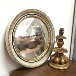 A William IV style wooden table lamp (h.27cm x 15cm) and a modern circular wall mirror, stamped
