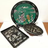 A modern Chinese famille verte dish decorated with figure scenes (d.32cm) and a Chinese oval