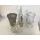 A collection of glassware including a hand blown vase (h.23cm x 12cm), a thistle style decanter,